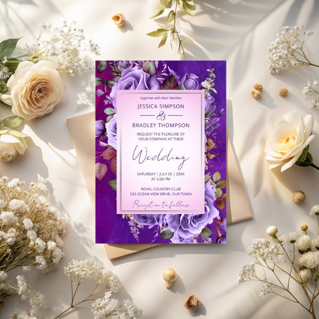 Convites Casamento elegante de rosas rosa púrpura (Purple lilac pink vintage roses elegant wedding invitation cards template instant download)