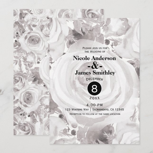 Convites Casamento Elegante de Rosas Russos Brancos de inve (Frente/Verso)