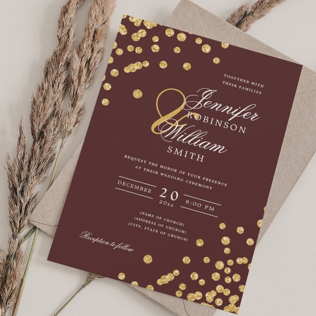 Convites Casamento Elegante de Script Dourado Confetti Burg (Elegant Script Wedding Gold Confetti Burgundy Invitation)