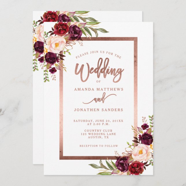 Convites Casamento Elegante de Script Dourado do Burgundy F (Frente/Verso)
