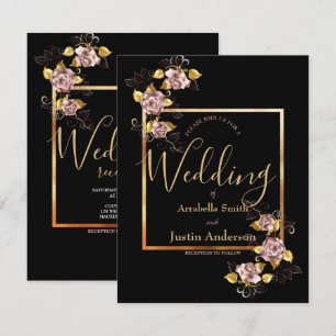 Convites Casamento Elegante de Script Dourado Floral Preto