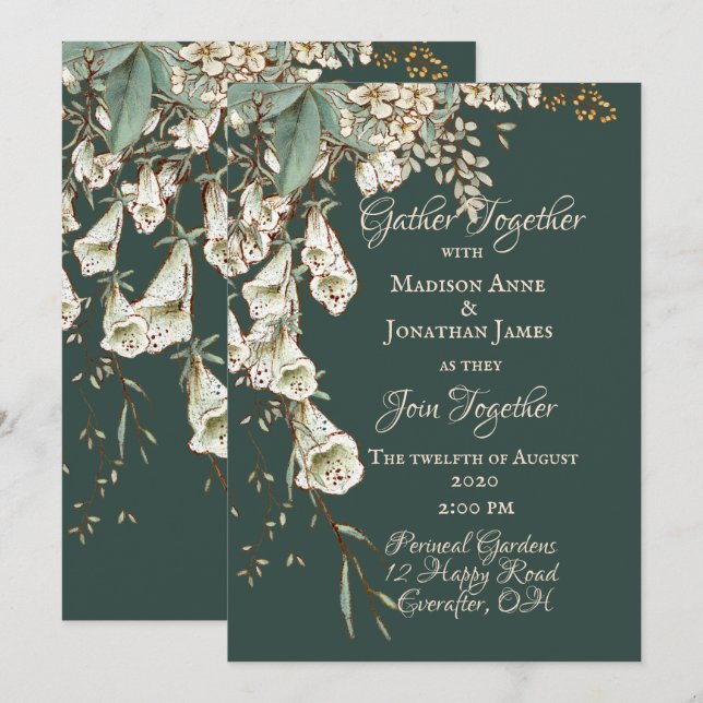 Convites Casamento Elegante de Script Garland Floral Verde (Frente/Verso)