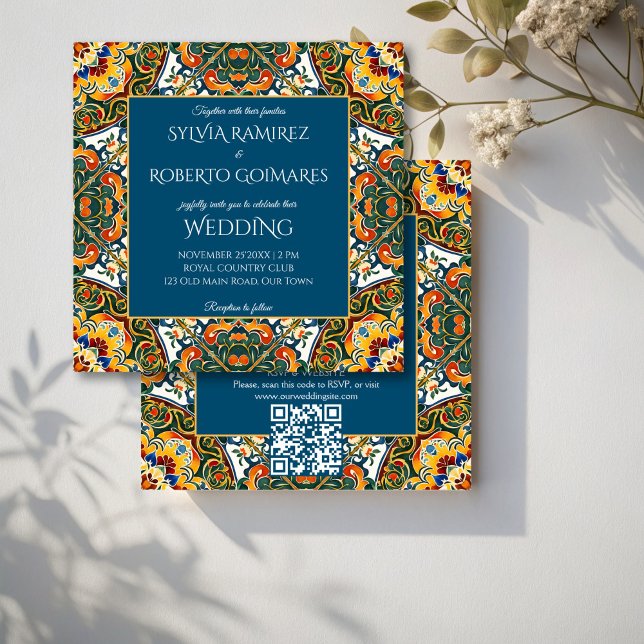 Convites Casamento elegante de Talavera mexicano com RSVP (Mexican Talavera teal colorful ornate elegant wedding invitations with RSVP editable template)