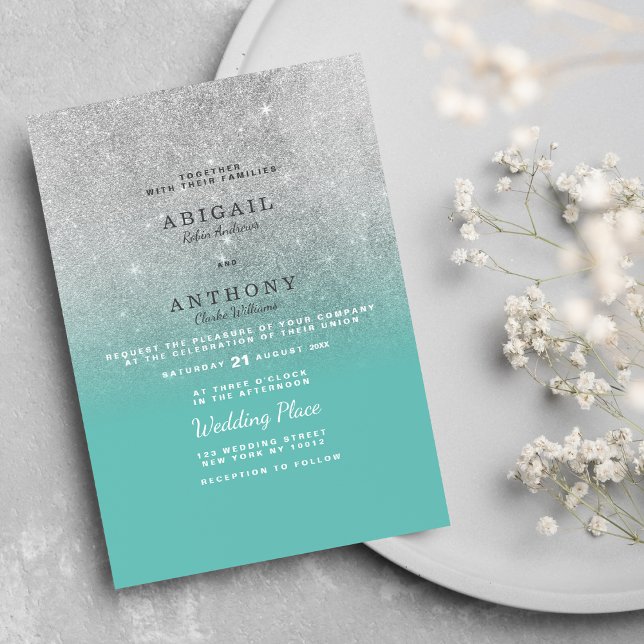 Convites Casamento elegante de teal de prata-prata mbre (Elegant chic teal silver glitter ombre wedding )