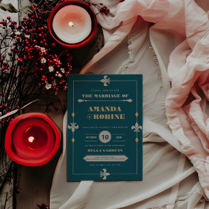 Convites Casamento Elegante de Teal Escuro e Vintage Dourad