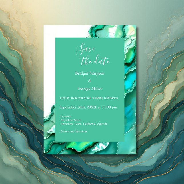 Convites Casamento Elegante de Teal Marble Watercolor (Criador carregado)