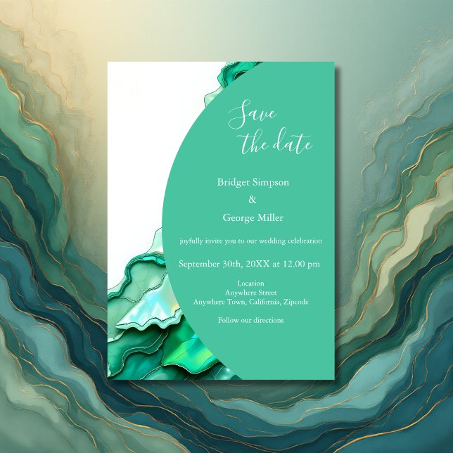 Convites Casamento Elegante de Teal Marble Watercolor (Criador carregado)
