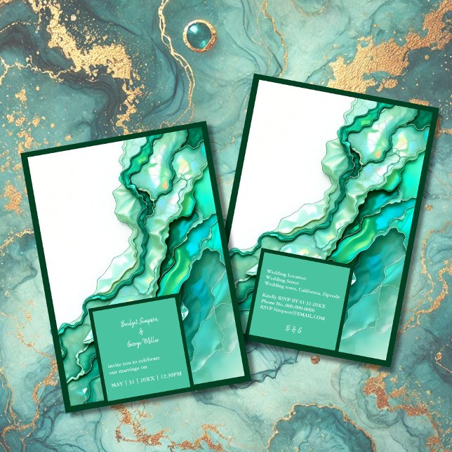 Convites Casamento Elegante de Teal Marble Watercolor (Criador carregado)