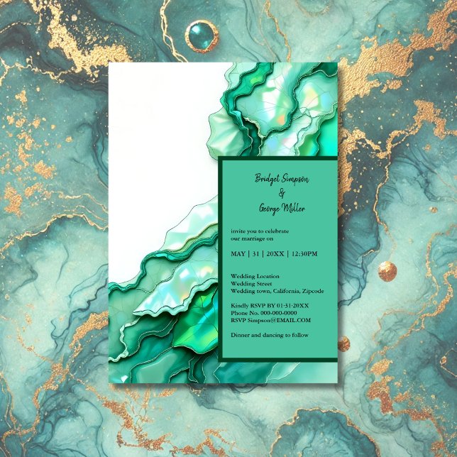Convites Casamento Elegante de Teal Marble Watercolor (Criador carregado)