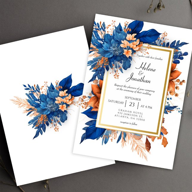 Convites Casamento Elegante de Terracotta Boho Azul Cobalto (Cobalt Blue Orange Terracotta Boho Elegant Wedding Invitation)