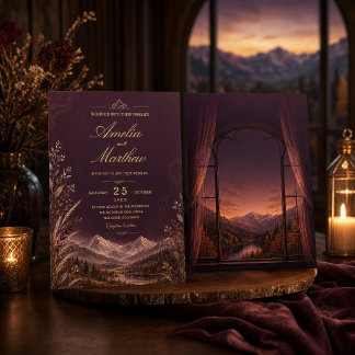 Convites Casamento Elegante de Tonalidade Escura de Ameixa