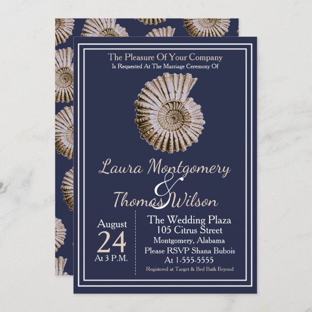 Convites Casamento Elegante de Tons Marinhos com Conchas de (Frente/Verso)