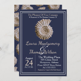 Convites Casamento Elegante de Tons Marinhos com Conchas de