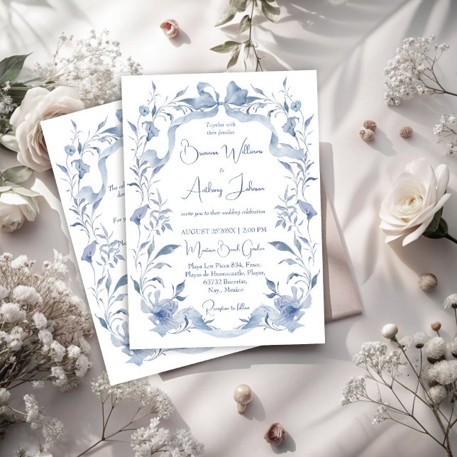 Convites Casamento elegante de uma frita floral azul Dusty (Dusty blue floral greenery ribbon elegant wedding invitation cards with RSVP)