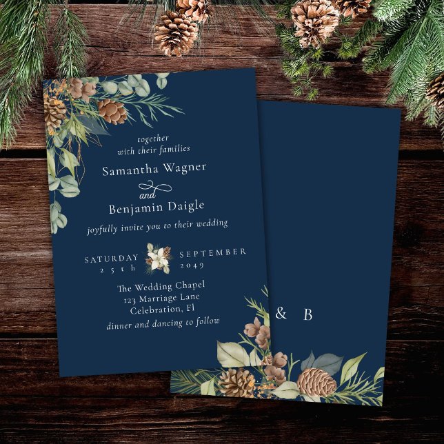Convites Casamento Elegante de Verde Invernal e Azul Naval (Criador carregado)