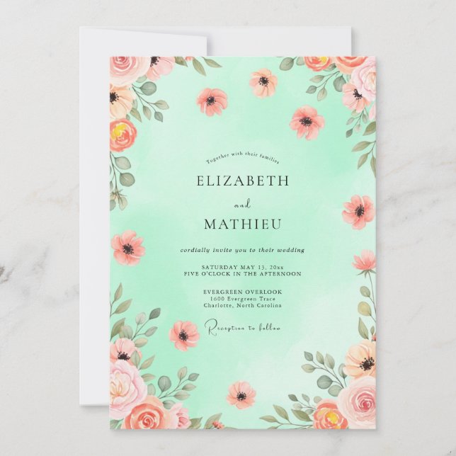 Convites Casamento Elegante de Verde Menta na Primavera (Frente)