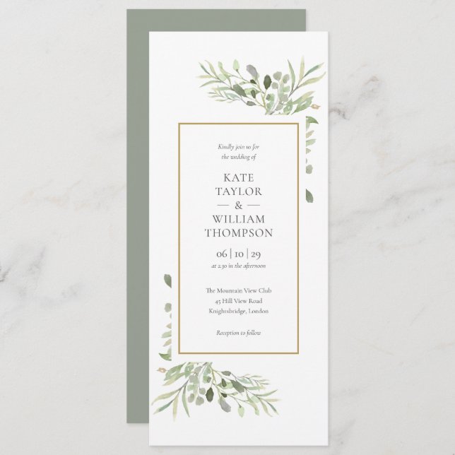 Convites Casamento Elegante de Watercolor Greenery (Frente/Verso)