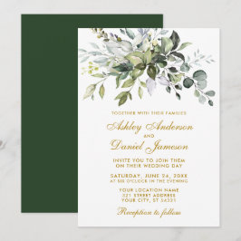 Convites Casamento Elegante de Watercolor Greenery Dourado