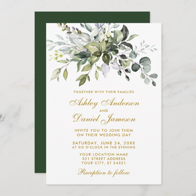 Convites Casamento Elegante de Watercolor Greenery Dourado (Frente/Verso)