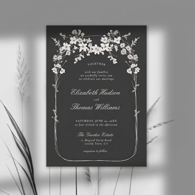 Convites Casamento Elegante do Arco Branco Negro de Flores  (wildflowers wedding invitation black and white boho arch formal elegant modern classic)