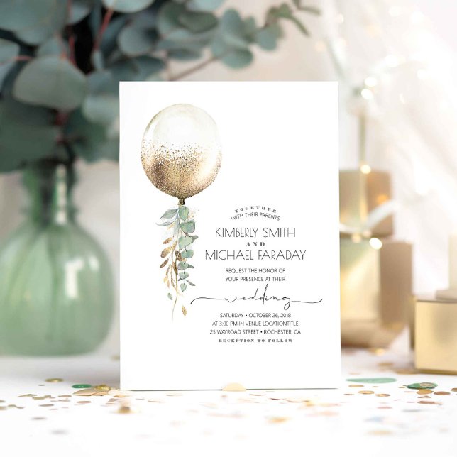 Convites Casamento Elegante do Balão Dourado Eucalyptus Gre (Greenery Balloon Minimalist Wedding Invitations)
