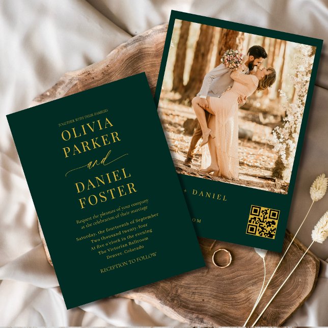 Convites Casamento Elegante do Código QR Dourado Emerald Gr (Criador carregado)