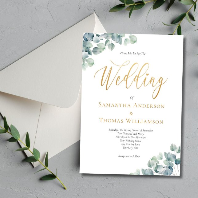 Convites Casamento Elegante Do Esboço Dourado Verde Eucalyp (Eucalyptus Greenery Gold Script Formal Elegant Wedding invitation)
