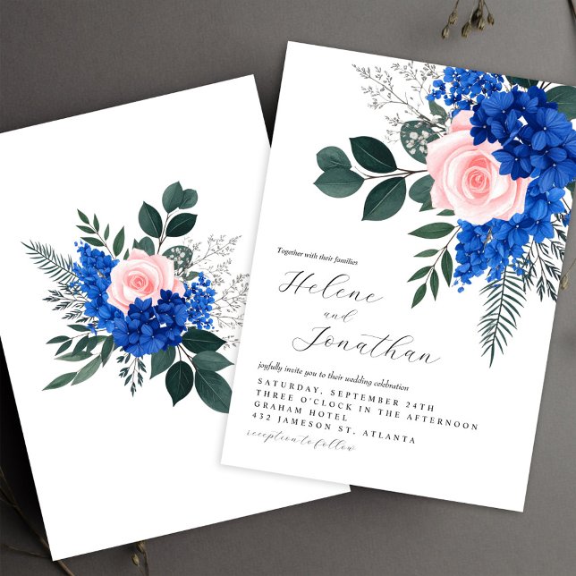 Convites Casamento Elegante Do Jardim Azul-Rosa-Floral Coba (Floral Cobalt Blue Pink Garden Elegant Wedding Invitation)