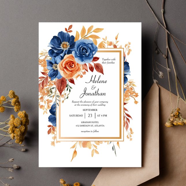 Convites Casamento Elegante do Jardim de Ferrugem marinho A (Navy Blue Terracotta Rust Garden Elegant Wedding Invitation)