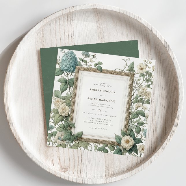 Convites Casamento Elegante do Jardim de Primavera (Vintage botanical wedding invitation on a pale wood background.)