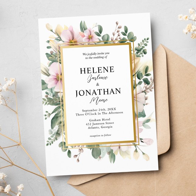 Convites Casamento Elegante Do Jardim Floral Do Pastel Rosa (Blush Pink Pastel Floral Garden Elegant Wedding Invitation)