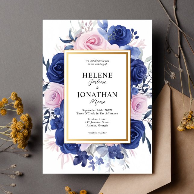 Convites Casamento Elegante do Jardim Floral Rosa-marinho A (Navy Blue Pink Floral Garden Elegant Wedding Invitation)