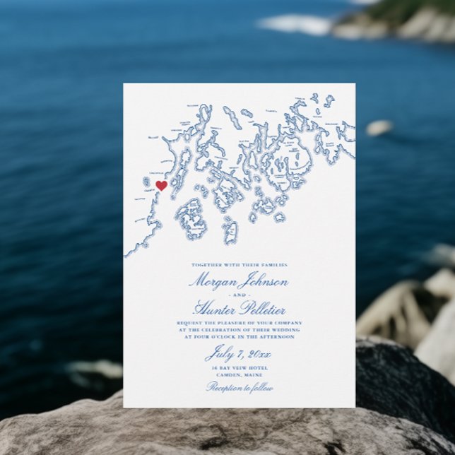 Convites Casamento Elegante do Mapa da Baía de Camden Maine (Camden Maine Map Wedding Invitations with Elegant Navy Blue Penobscot Bay Map )
