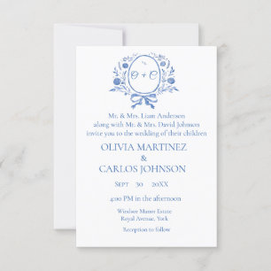 Convites Casamento elegante do Monograma Dusty Blue Crest