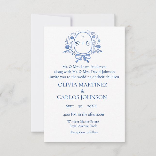 Convites Casamento elegante do Monograma Dusty Blue Crest (Frente)