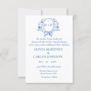 Convites Casamento elegante do Monograma Dusty Blue Crest