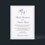 Convites Casamento elegante do monograma roxo real tradicio<br><div class="desc">Convite de casamento tradicional e clássico com um simples design com seu monograma inicial e seus nomes em um dentro de caligrafia roxo elegante de uma fronteira fina. A parte de trás é roxa sólida. Esta design clássica é perfeita para um casamento formal no outono/outono.</div>