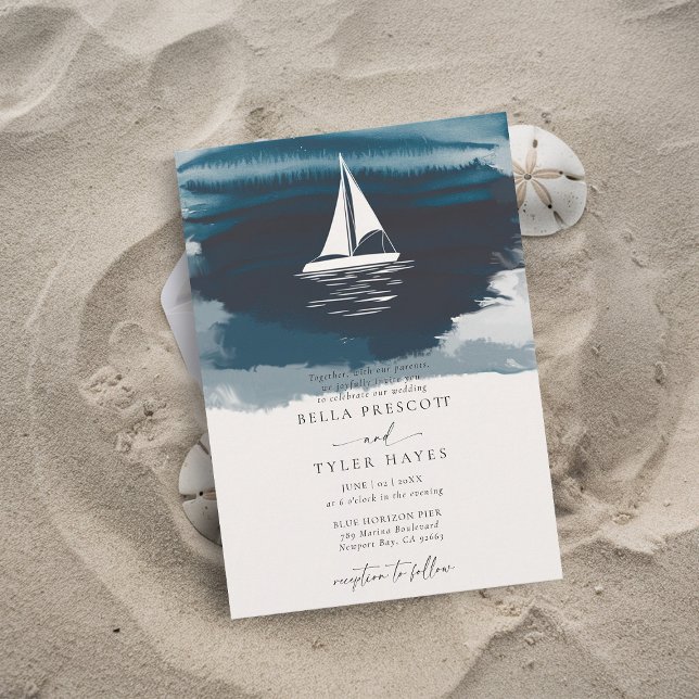 Convites Casamento Elegante Do Navio De Navegação De Praia  (coastal wedding invitation modern minimalist elegant beach ocean waves boat sail sailing navy blue)
