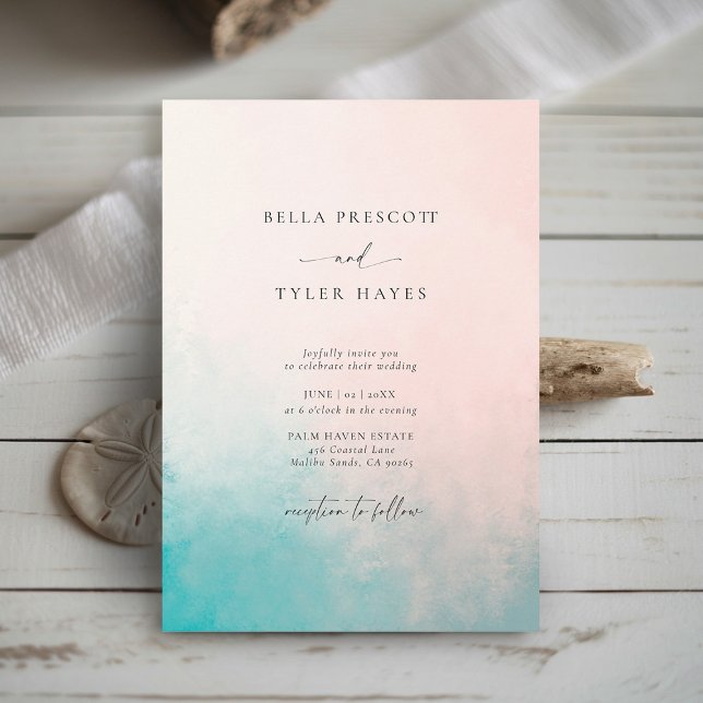 Convites Casamento Elegante do Oceano Azul Abstrato de Cost (Coastal Wedding Invitation Coral Teal Modern Abstract Minimalist Elegant Beach Ocean Tropical Chic)