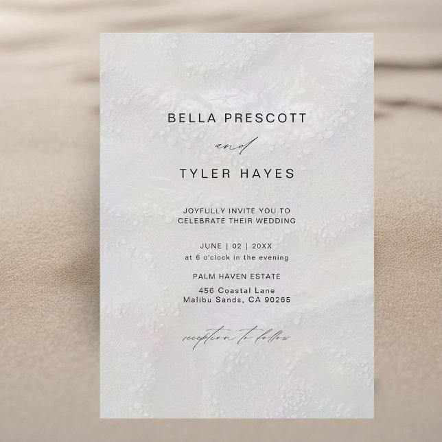 Convites Casamento Elegante do Oceano de Praia das Pradaria (coastal wedding invitation modern minimalist elegant beach ocean iridescent sand ivory white shimmer)
