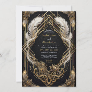 Convites Casamento Elegante dos Anos 20 Preto e Dourado com