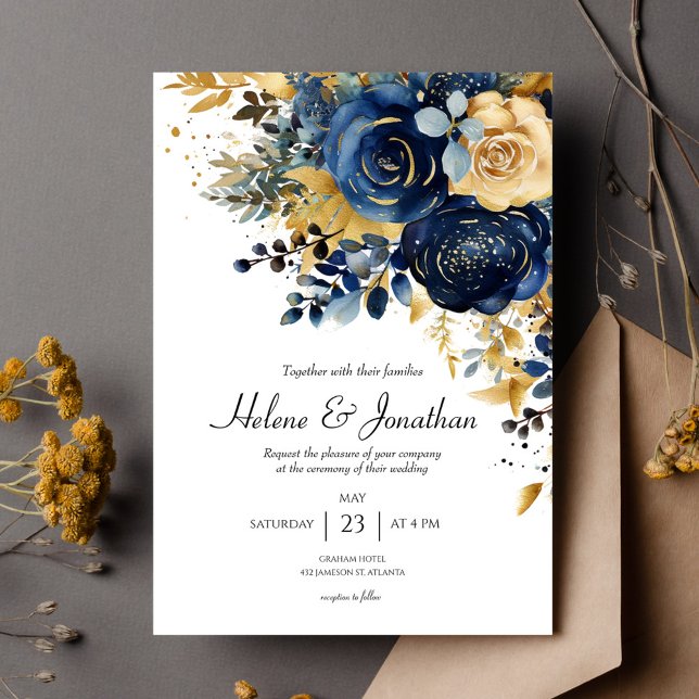 Convites Casamento Elegante Dourado Azul com Marinho Floral (Modern Floral Navy Blue Gold Wedding Invitation)