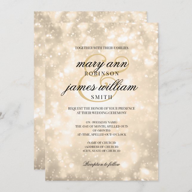 Convites Casamento Elegante Dourado Bokeh (Frente/Verso)