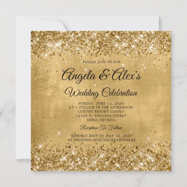 Convites Casamento Elegante Dourado Brilhante (Frente)
