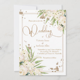 Convites Casamento Elegante Dourado com Verde Floral Branco