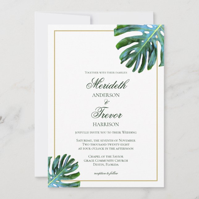 Convites Casamento Elegante Dourado de Folha de Monstera de (Frente)