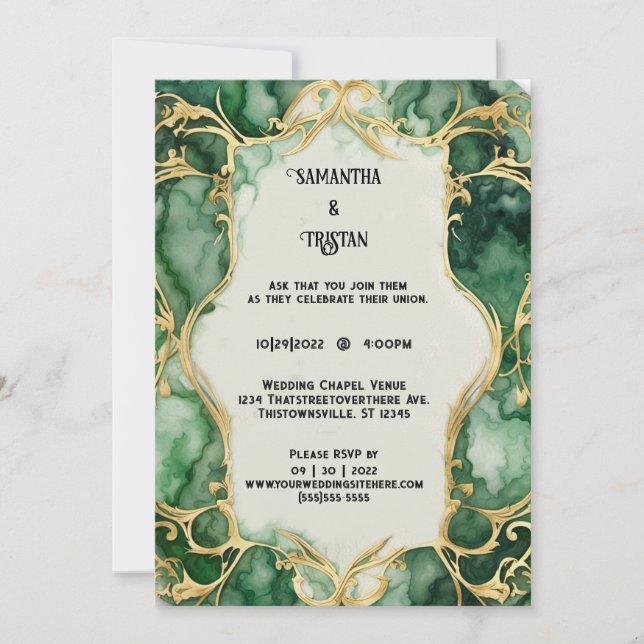 Convites Casamento Elegante Dourado de Trim Marble Verde (Frente)