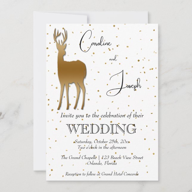 Convites Casamento Elegante Dourado Deer & Dourado Confetti (Frente)
