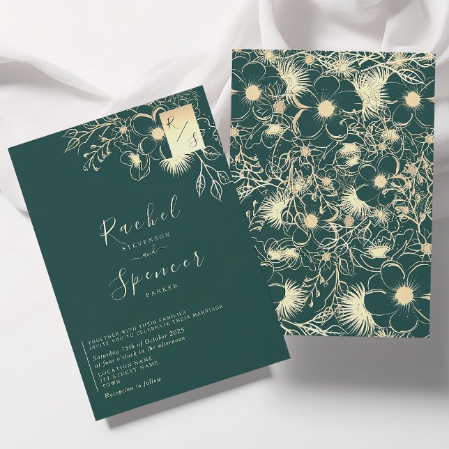 Convites Casamento Elegante Dourado do Monograma de Esmeral (Criador carregado)