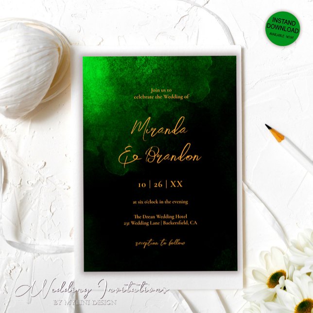 Convites Casamento Elegante Dourado Emerald Green (Criador carregado)